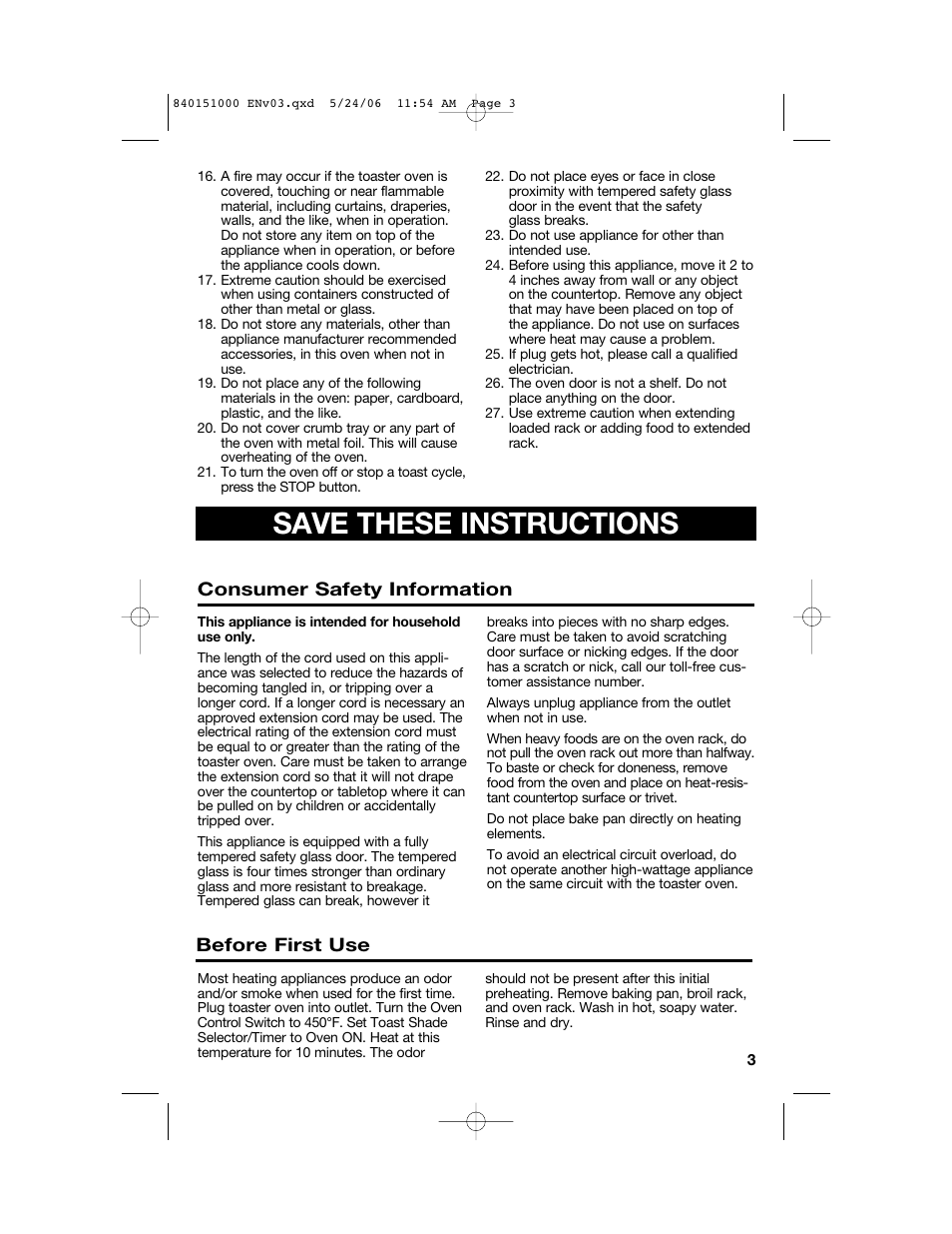 Save these instructions | Hamilton Beach 840151000 User Manual | Page 3 / 36