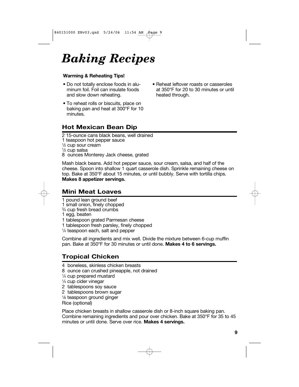 Baking recipes, Hot mexican bean dip, Mini meat loaves | Tropical chicken | Hamilton Beach 840151000 User Manual | Page 9 / 36
