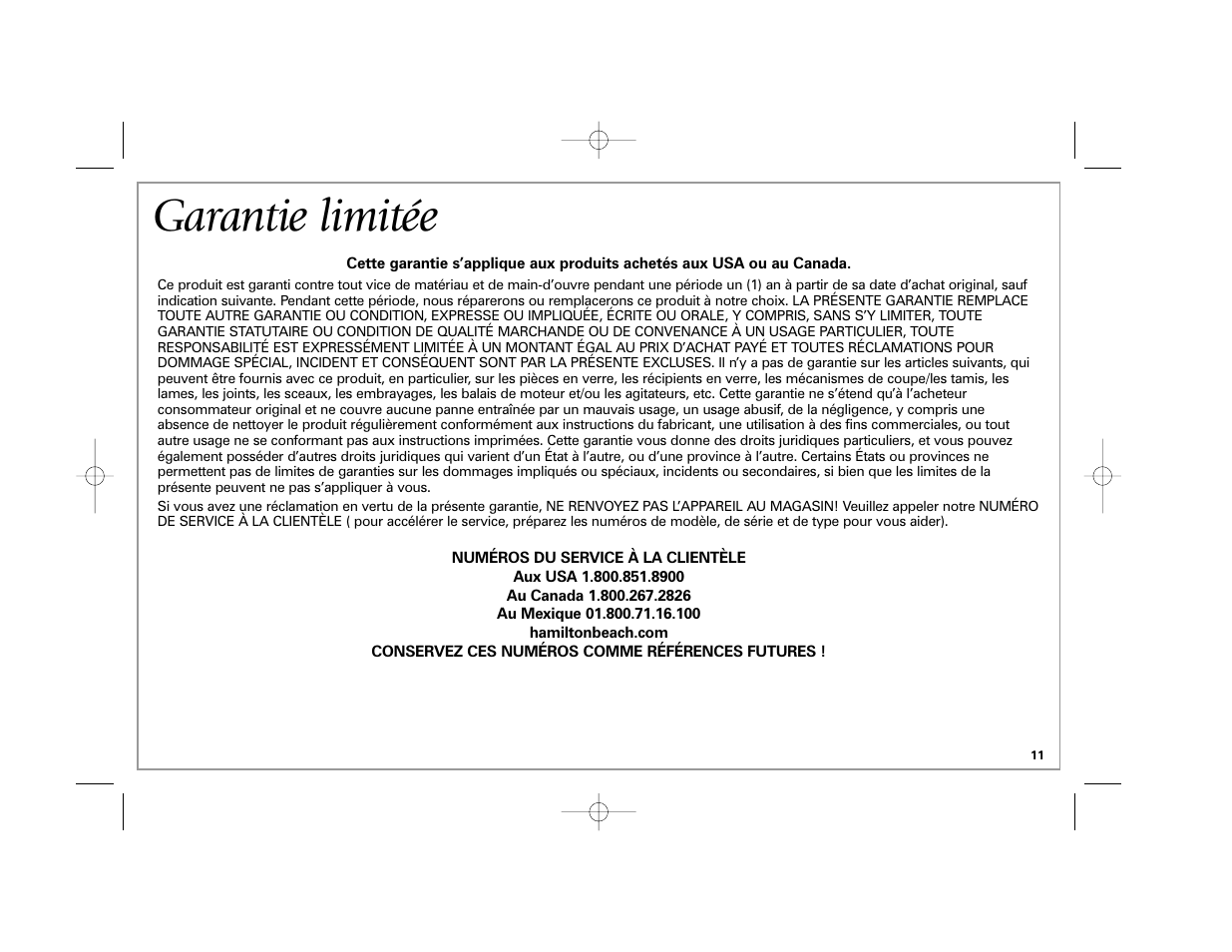 Garantie limitée | Hamilton Beach Stay or Go 50239 User Manual | Page 11 / 20