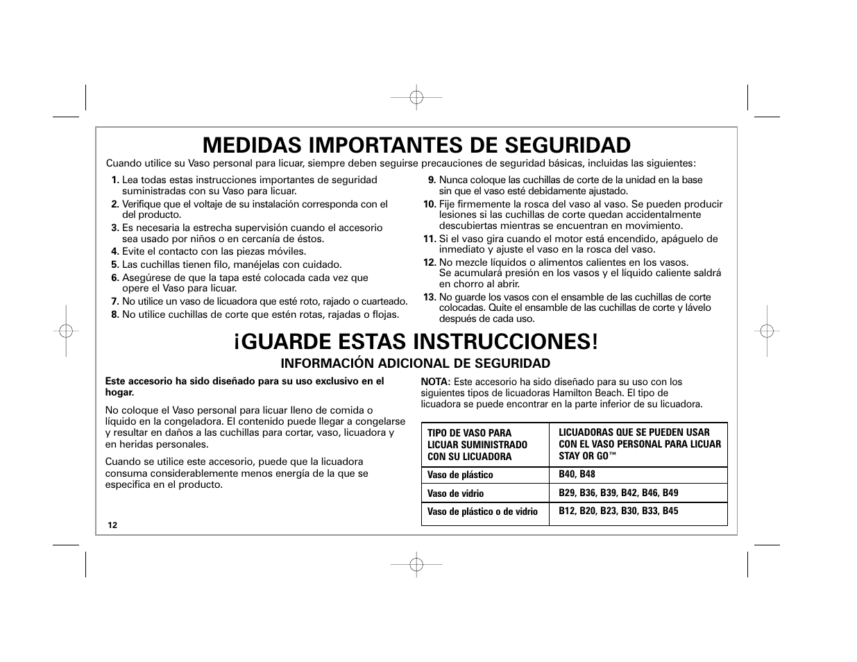 Medidas importantes de seguridad, Guarde estas instrucciones | Hamilton Beach Stay or Go 50239 User Manual | Page 12 / 20