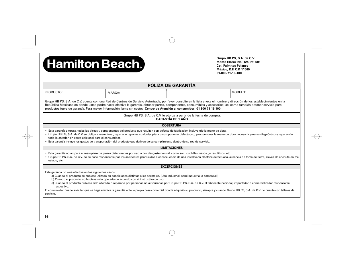 Póliza de garantía | Hamilton Beach Stay or Go 50239 User Manual | Page 16 / 20