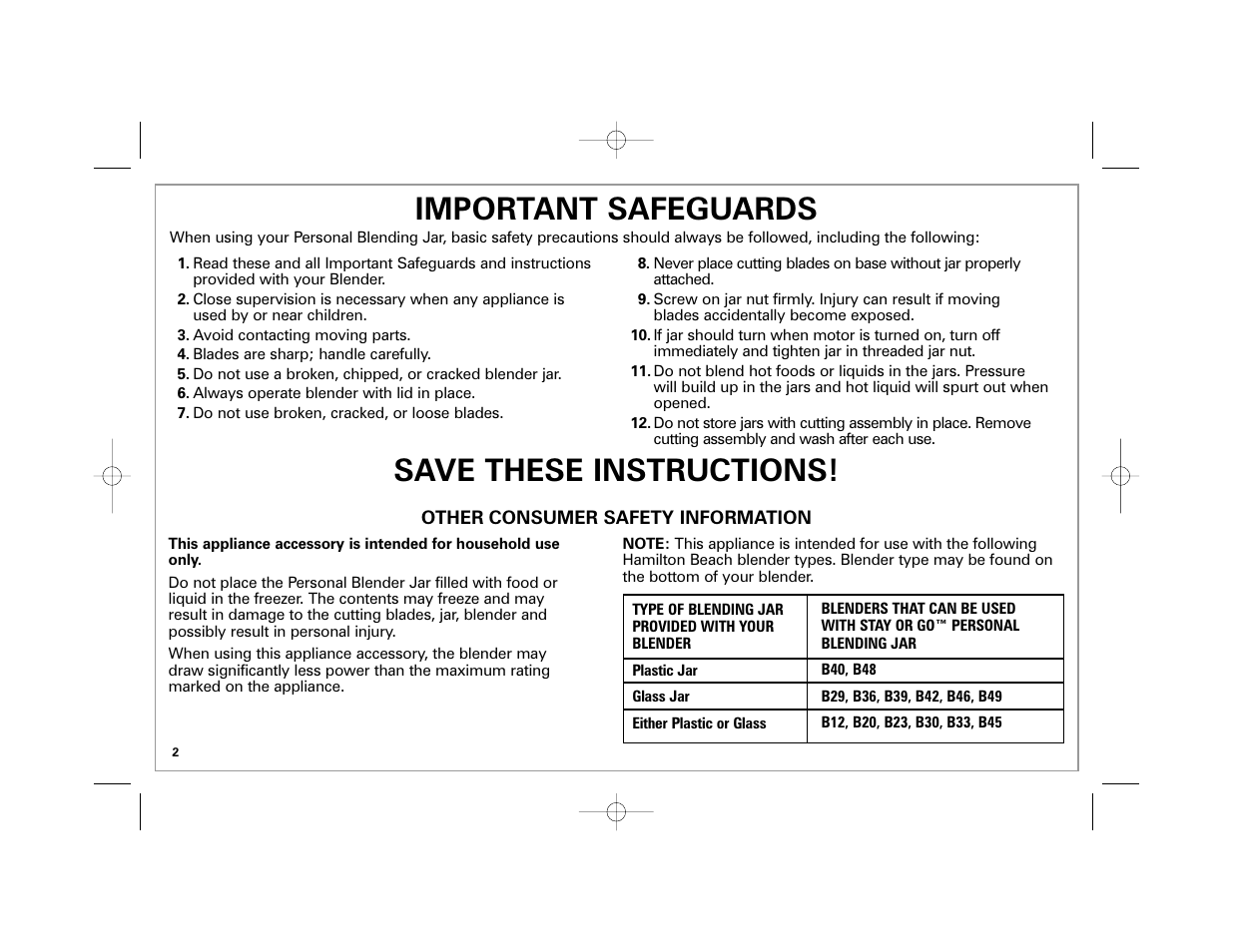 Important safeguards, Save these instructions | Hamilton Beach Stay or Go 50239 User Manual | Page 2 / 20