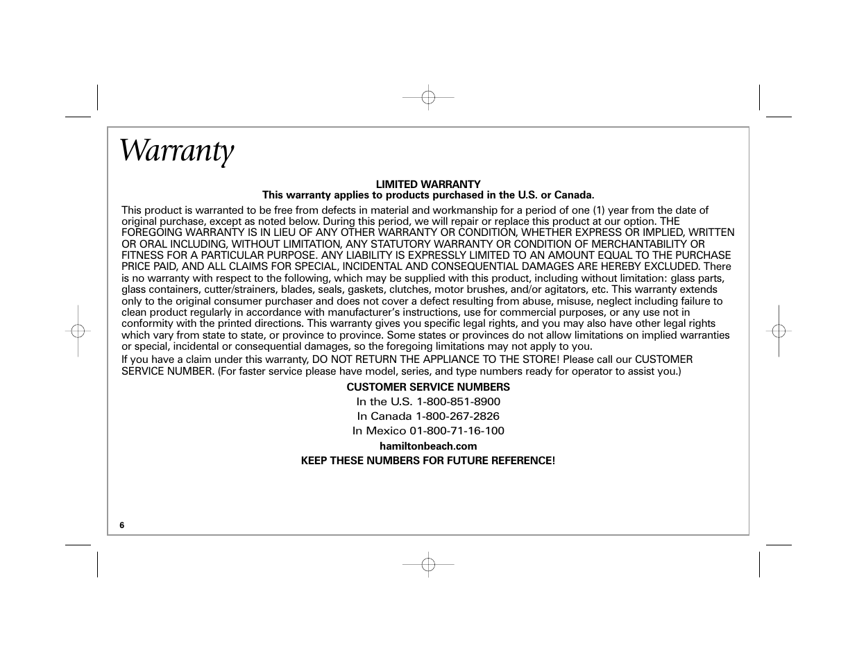 Warranty | Hamilton Beach Stay or Go 50239 User Manual | Page 6 / 20