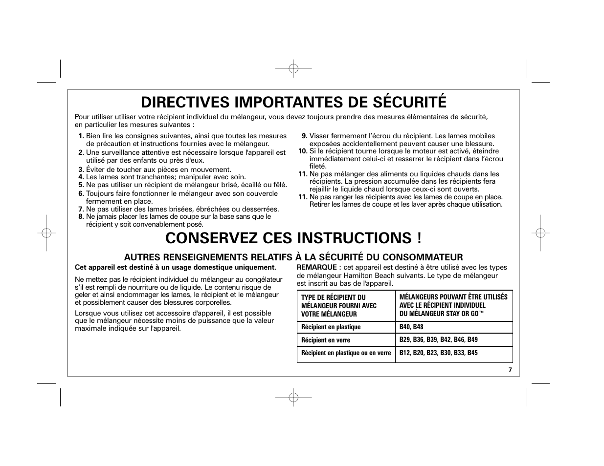 Directives importantes de sécurité, Conservez ces instructions | Hamilton Beach Stay or Go 50239 User Manual | Page 7 / 20