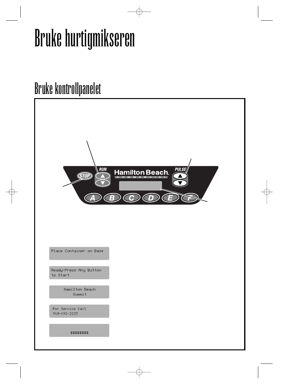 Bruke hurtigmikseren, Bruke kontrollpanelet | Hamilton Beach Summit Series User Manual | Page 117 / 152