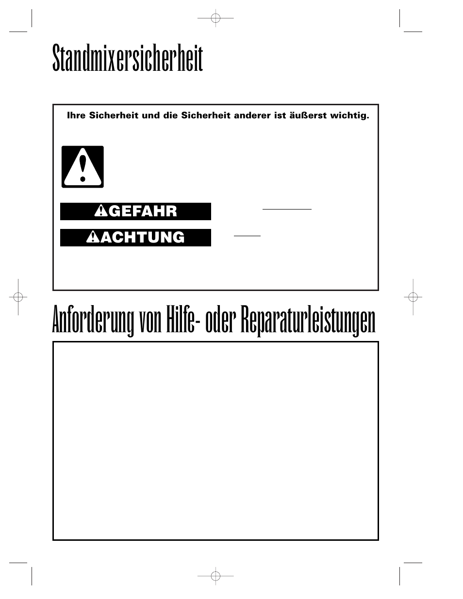 Standmixersicherheit, Anforderung von hilfe- oder reparaturleistungen, Wgefahr w achtung | Hamilton Beach Summit Series User Manual | Page 76 / 152