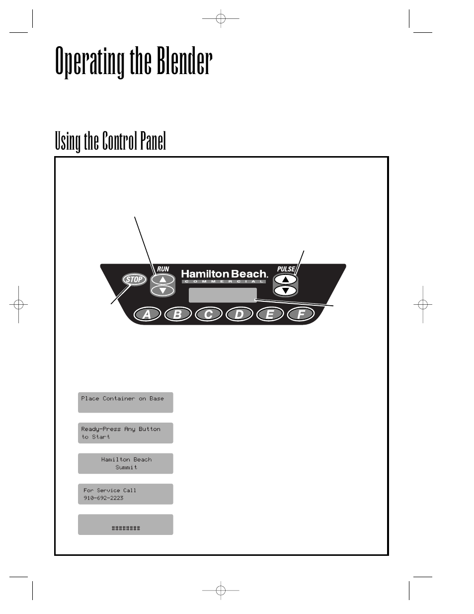 Operating the blender, Using the control panel | Hamilton Beach Summit Series User Manual | Page 8 / 152