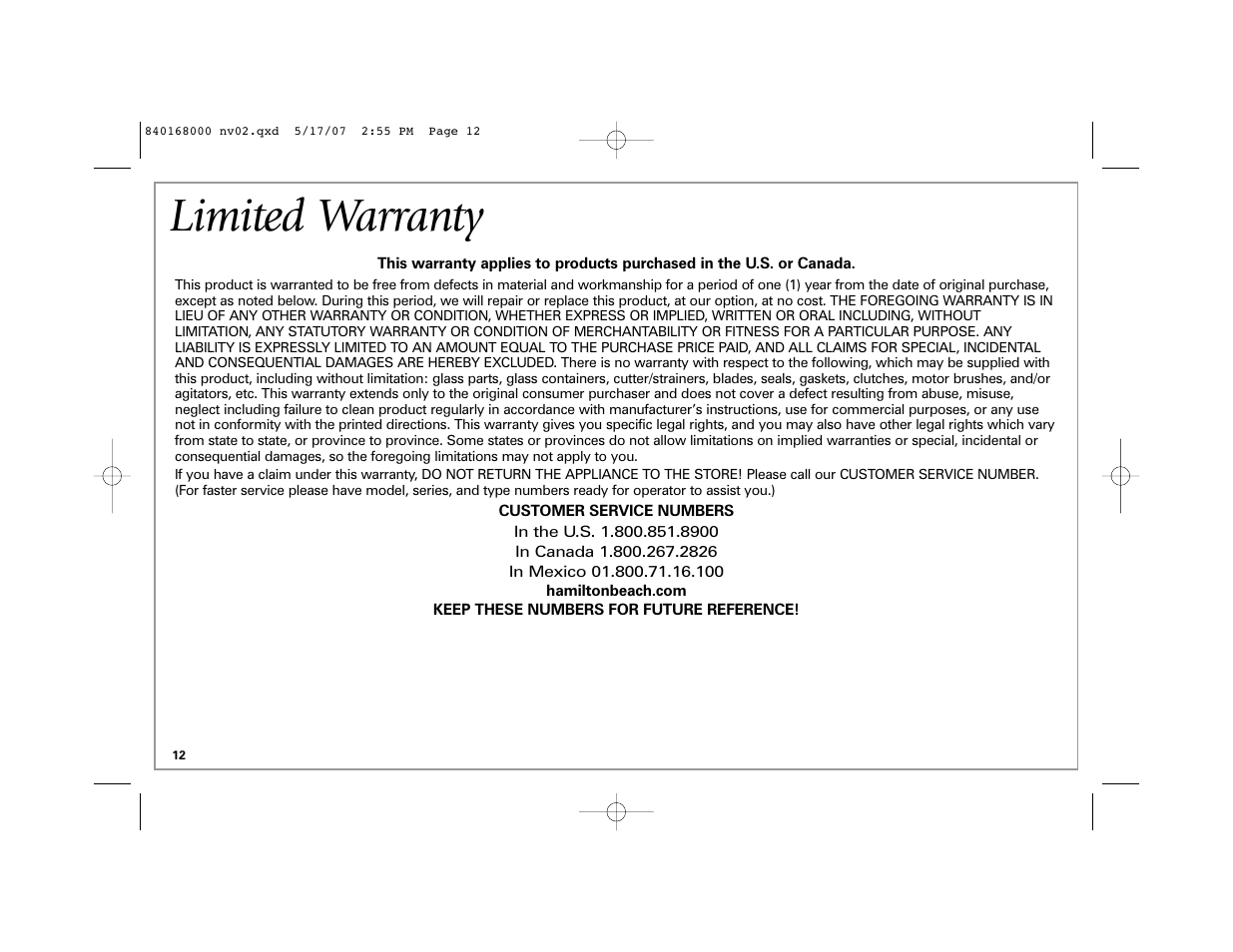 Limited warranty | Hamilton Beach 45238C User Manual | Page 12 / 36