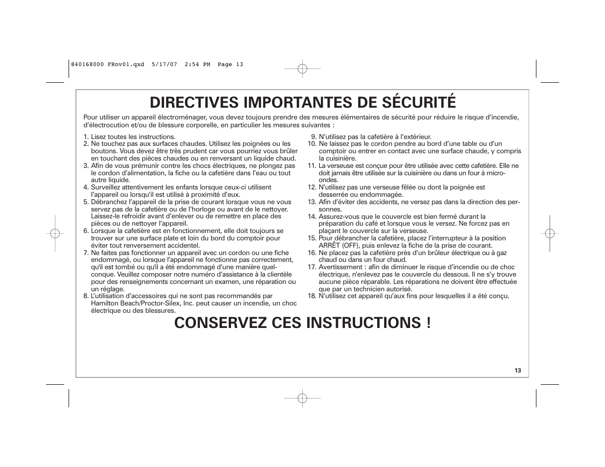 Directives importantes de sécurité, Conservez ces instructions | Hamilton Beach 45238C User Manual | Page 13 / 36
