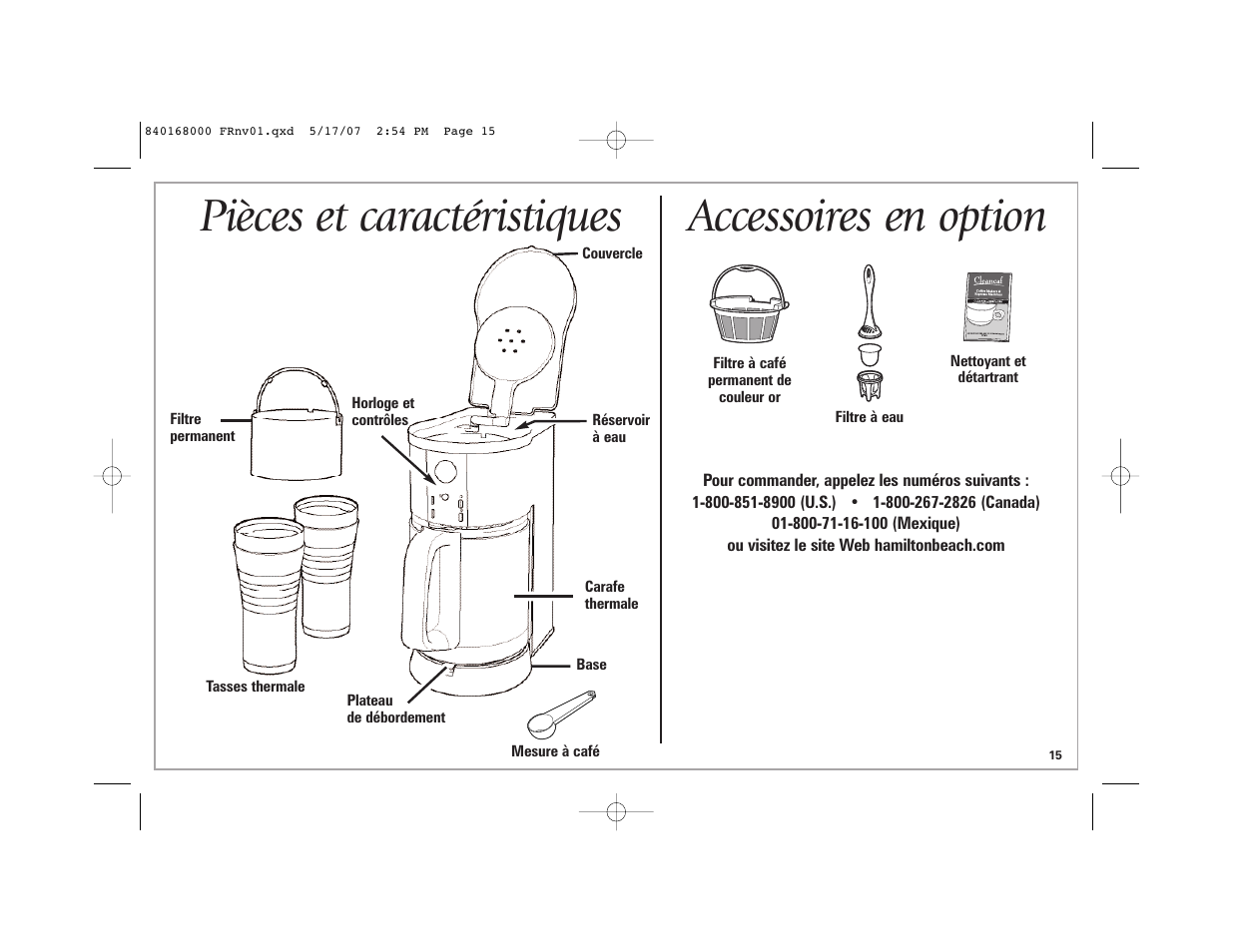 Pièces et caractéristiques, Accessoires en option | Hamilton Beach 45238C User Manual | Page 15 / 36