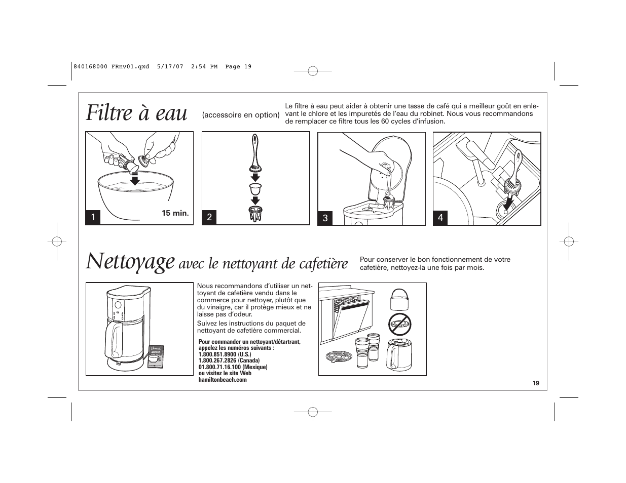 Filtre à eau, Nettoyage, Avec le nettoyant de cafetière | Hamilton Beach 45238C User Manual | Page 19 / 36