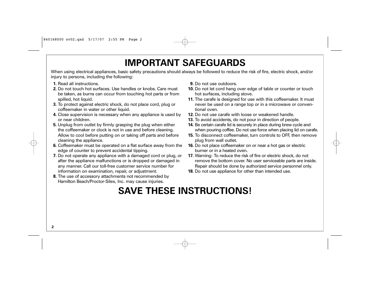 Save these instructions! important safeguards | Hamilton Beach 45238C User Manual | Page 2 / 36