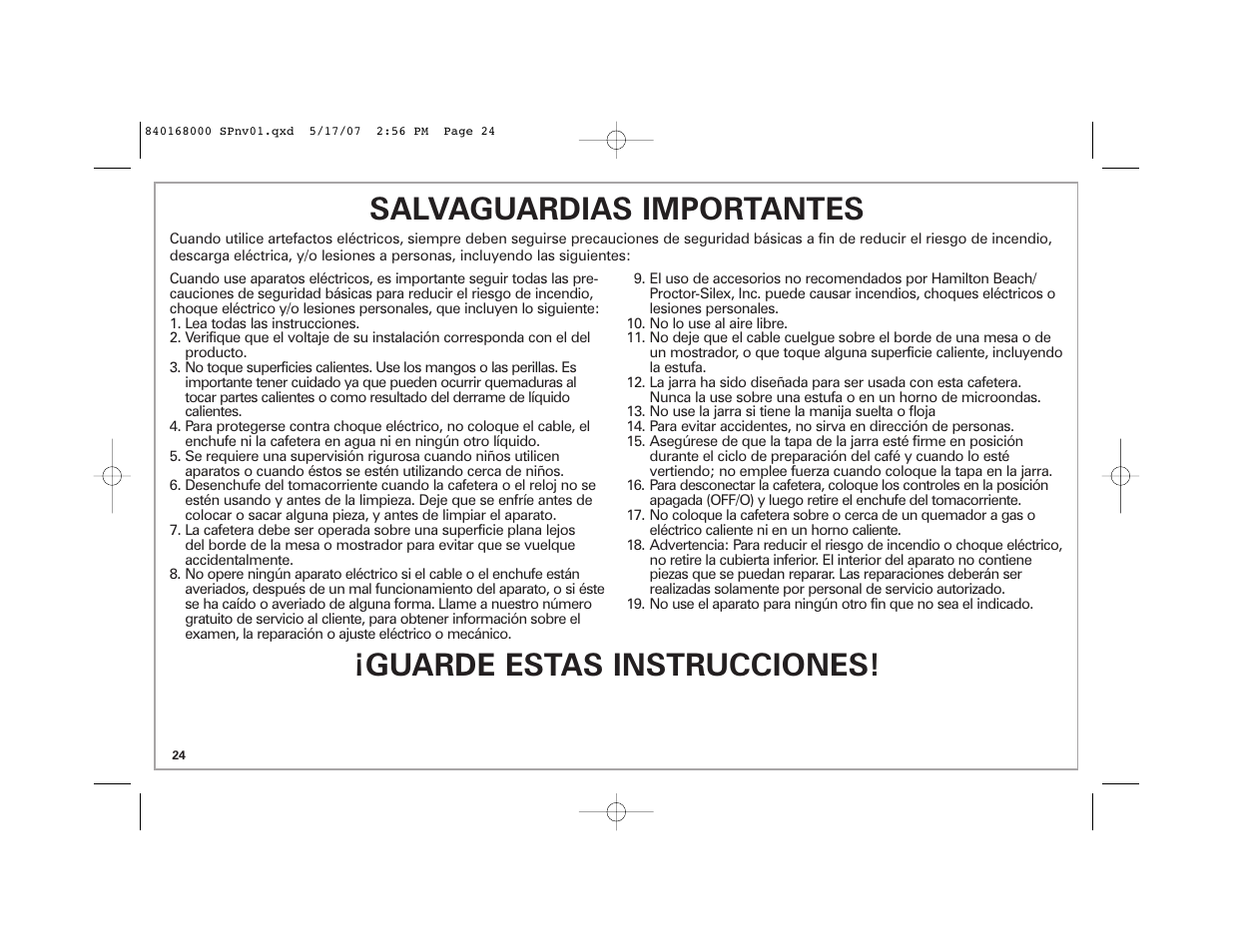 Salvaguardias importantes, Guarde estas instrucciones | Hamilton Beach 45238C User Manual | Page 24 / 36