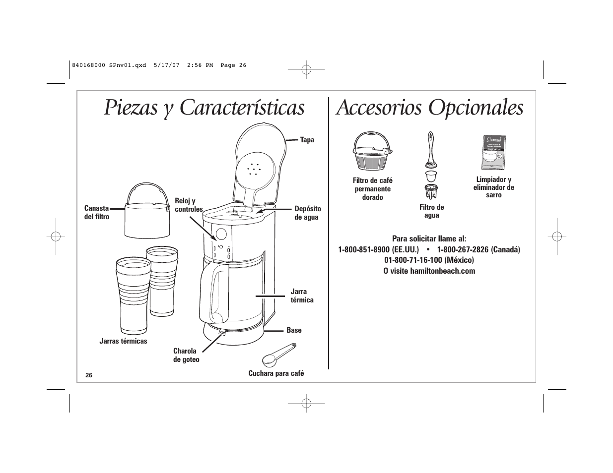 Piezas y características, Accesorios opcionales | Hamilton Beach 45238C User Manual | Page 26 / 36