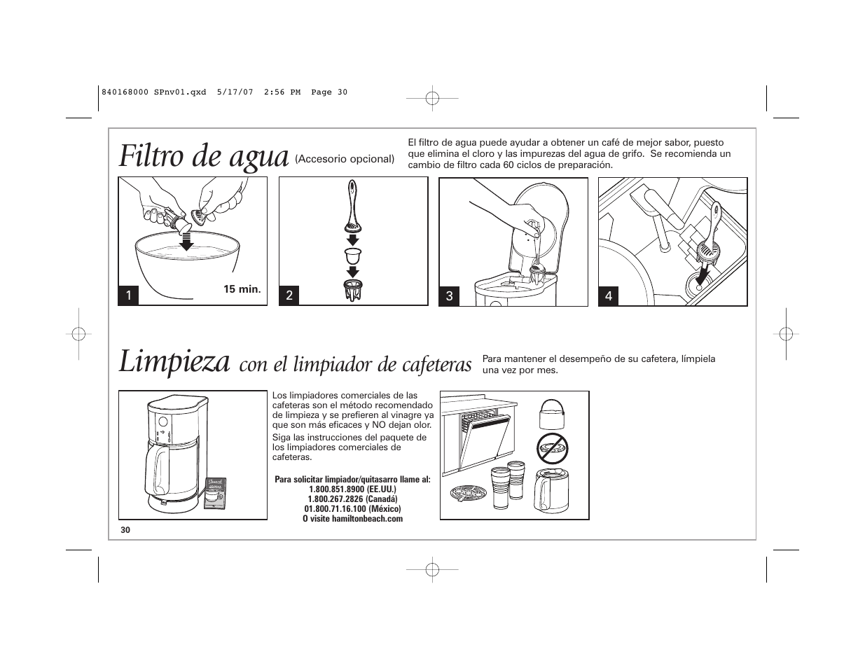 Filtro de agua, Limpieza, Con el limpiador de cafeteras | Hamilton Beach 45238C User Manual | Page 30 / 36