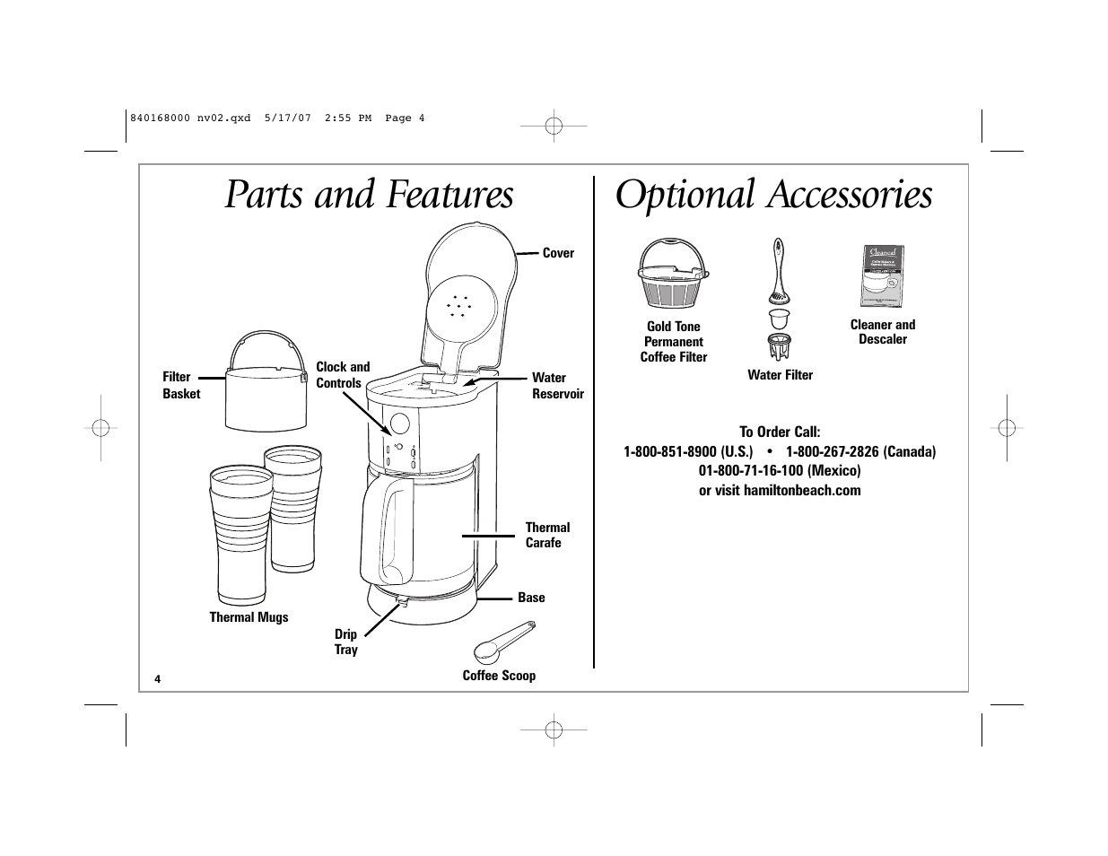 Parts and features, Optional accessories | Hamilton Beach 45238C User Manual | Page 4 / 36