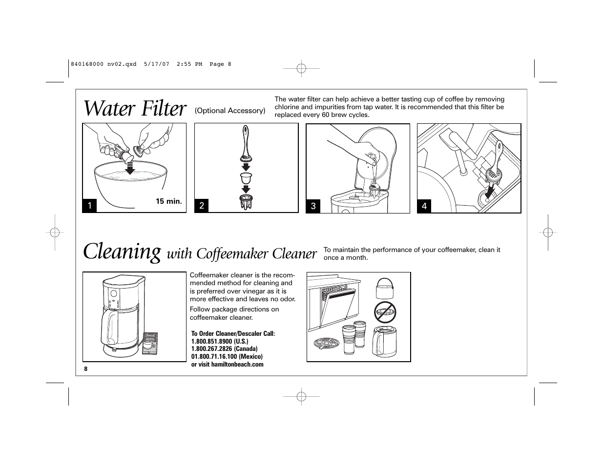 Water filter, Cleaning, With coffeemaker cleaner | Hamilton Beach 45238C User Manual | Page 8 / 36