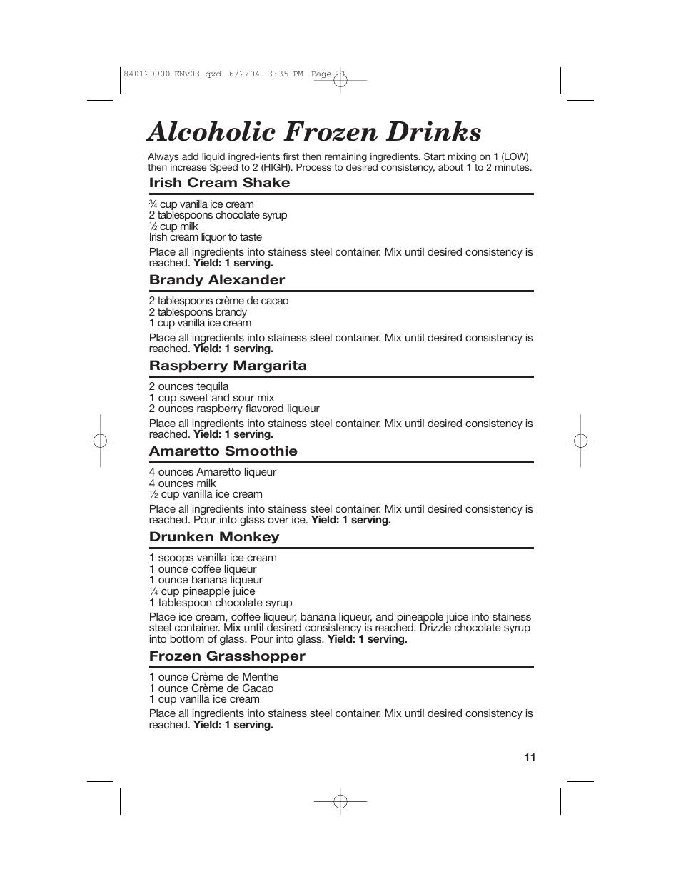 Alcoholic frozen drinks | Hamilton Beach ALL-METAL DRINK MIXER User Manual | Page 11 / 12