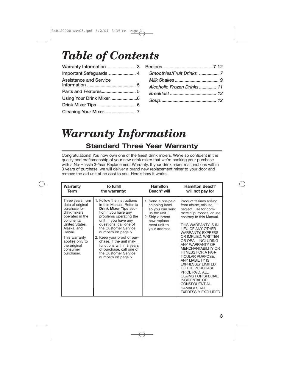 Table of contents warranty information, Standard three year warranty | Hamilton Beach ALL-METAL DRINK MIXER User Manual | Page 3 / 12