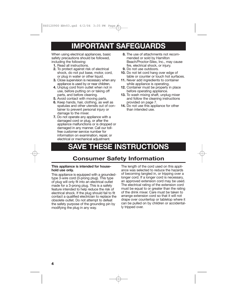 Important safeguards, Save these instructions, Consumer safety information | Hamilton Beach ALL-METAL DRINK MIXER User Manual | Page 4 / 12