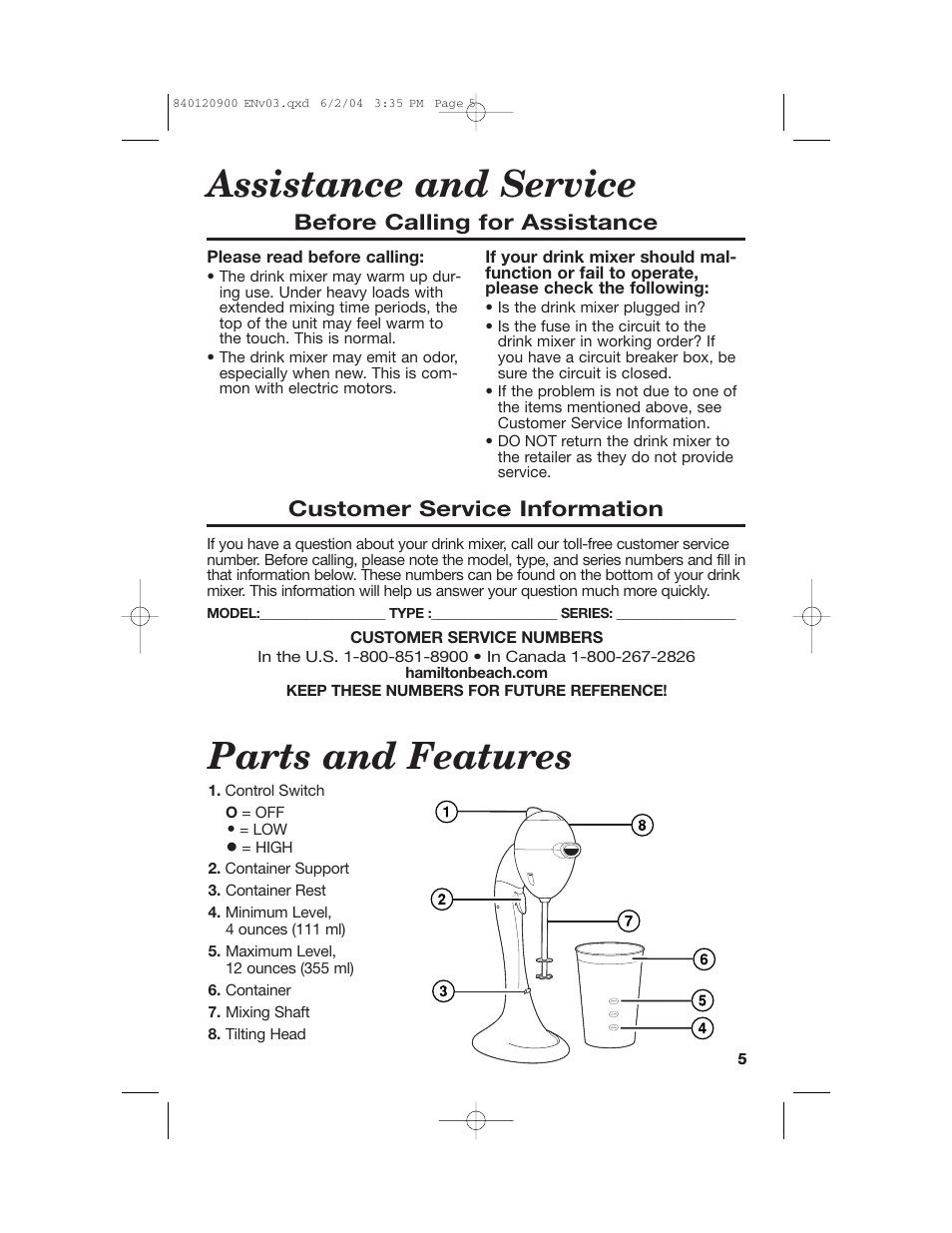 Assistance and service parts and features | Hamilton Beach ALL-METAL DRINK MIXER User Manual | Page 5 / 12