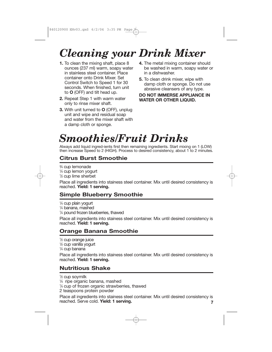 Cleaning your drink mixer smoothies/fruit drinks, Citrus burst smoothie, Simple blueberry smoothie | Orange banana smoothie, Nutritious shake | Hamilton Beach ALL-METAL DRINK MIXER User Manual | Page 7 / 12