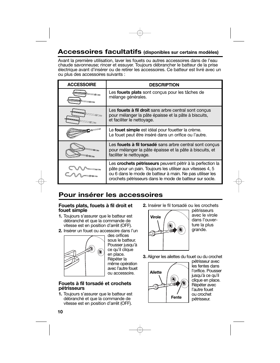 Accessoires facultatifs, Pour insérer les accessoires | Hamilton Beach Hand/Stand Mixer User Manual | Page 10 / 20