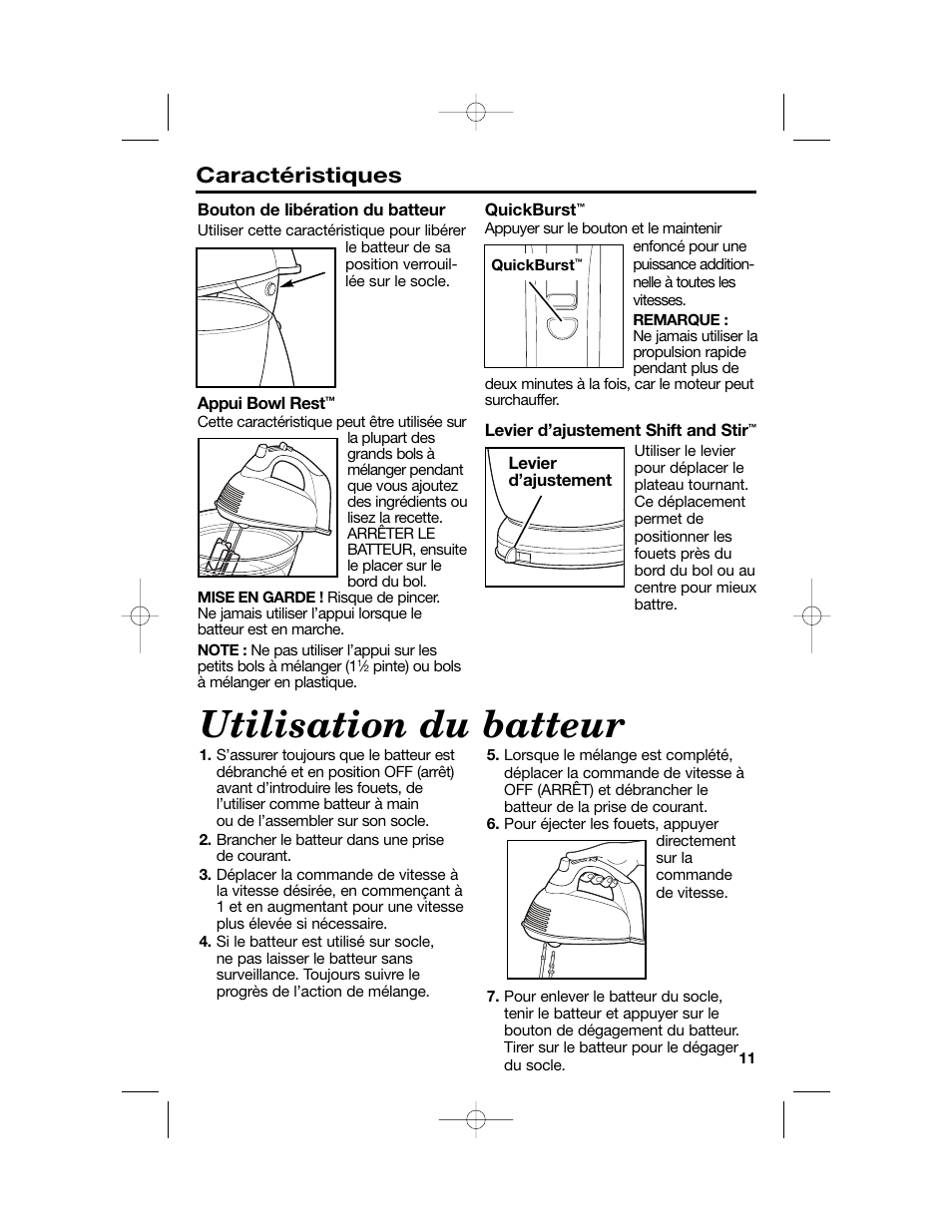 Utilisation du batteur, Caractéristiques | Hamilton Beach Hand/Stand Mixer User Manual | Page 11 / 20