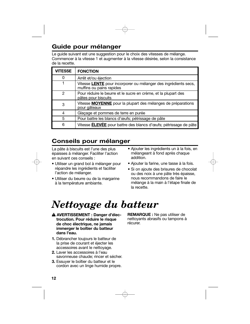 Nettoyage du batteur, Guide pour mélanger, Conseils pour mélanger | Hamilton Beach Hand/Stand Mixer User Manual | Page 12 / 20