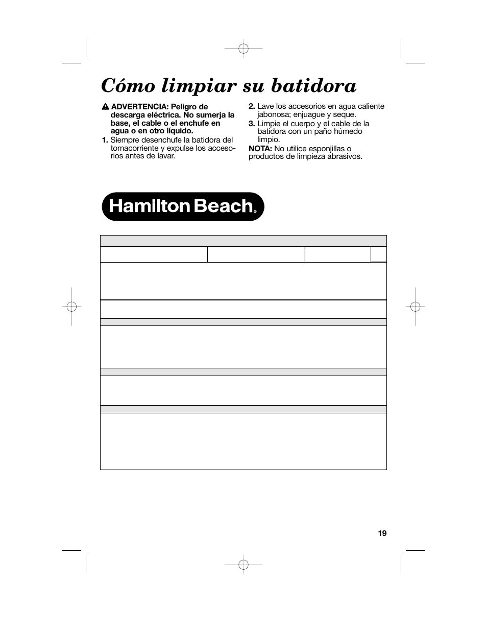 Cómo limpiar su batidora | Hamilton Beach Hand/Stand Mixer User Manual | Page 19 / 20