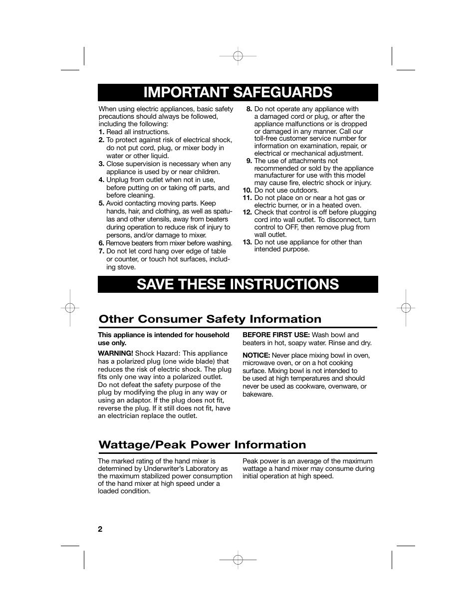 Important safeguards, Save these instructions, Other consumer safety information | Wattage/peak power information | Hamilton Beach Hand/Stand Mixer User Manual | Page 2 / 20