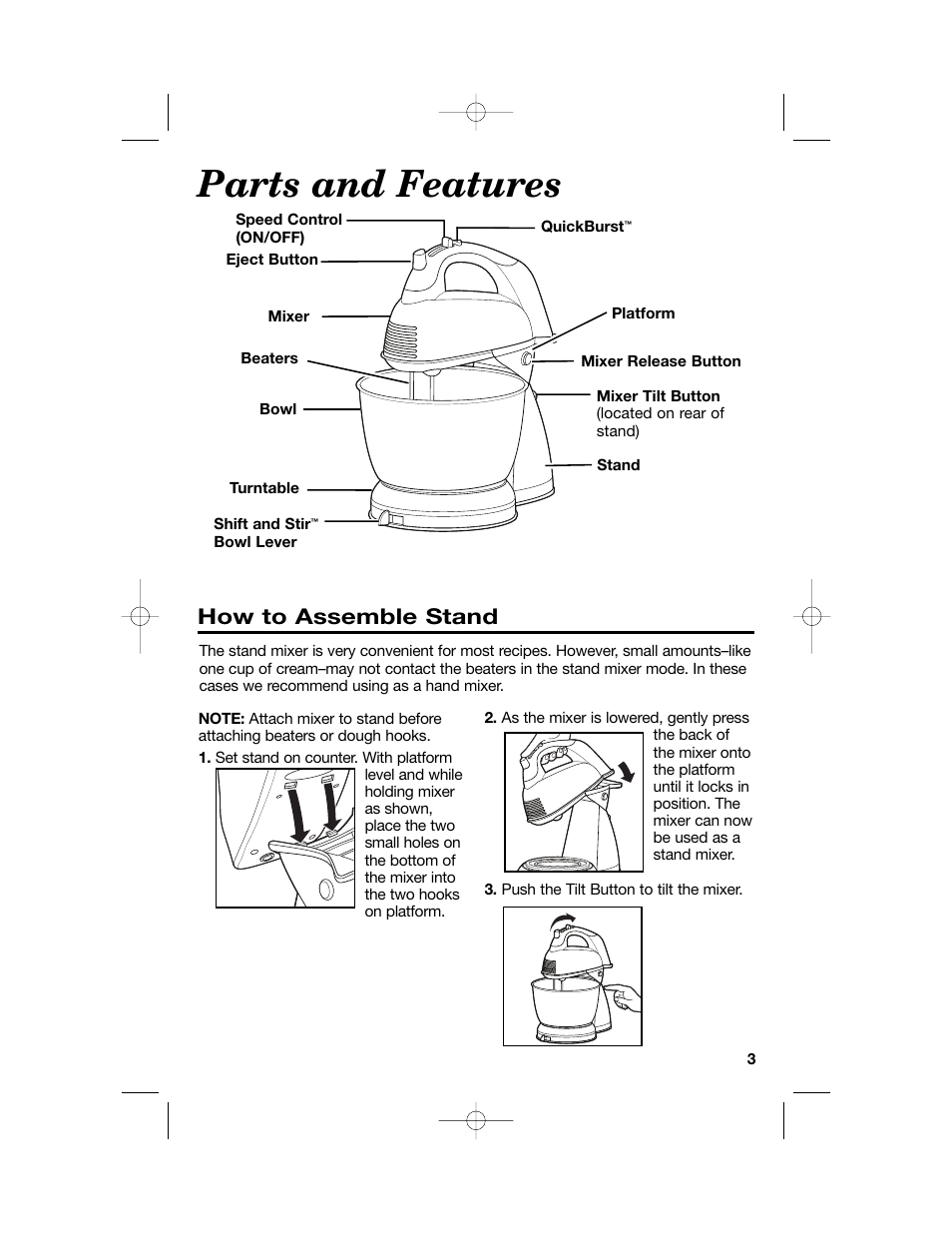 Parts and features, How to assemble stand | Hamilton Beach Hand/Stand Mixer User Manual | Page 3 / 20