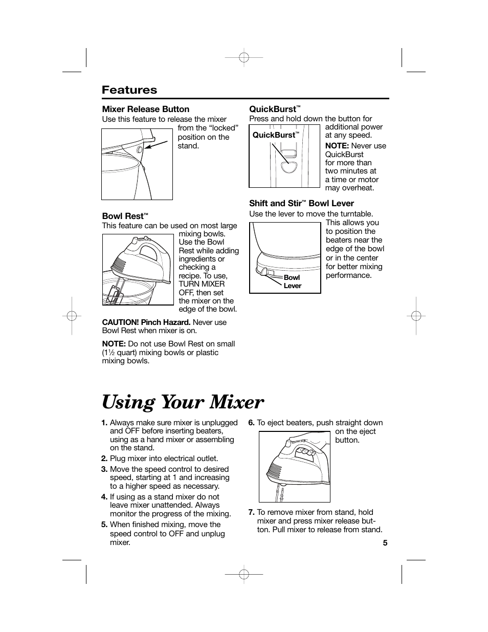 Using your mixer, Features | Hamilton Beach Hand/Stand Mixer User Manual | Page 5 / 20