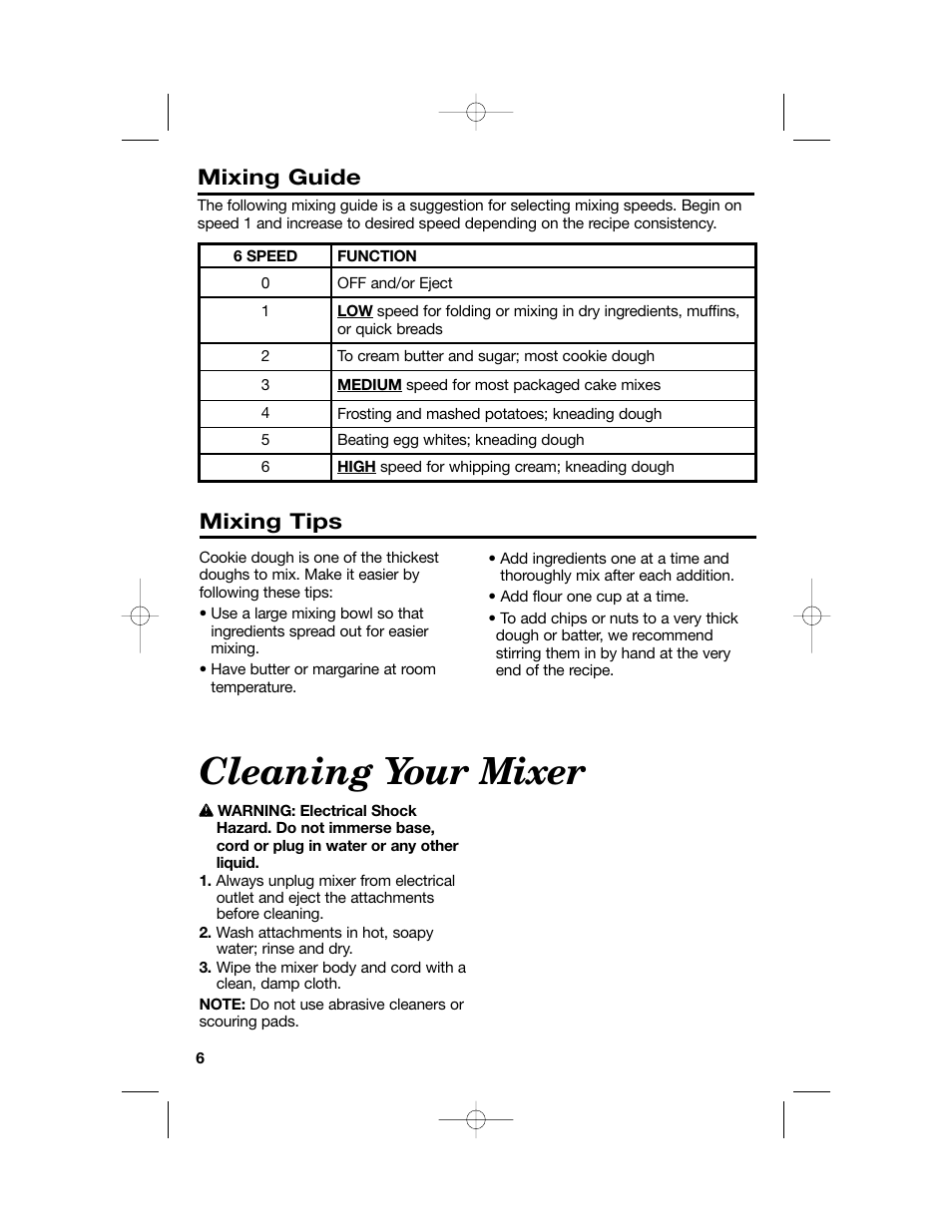 Cleaning your mixer, Mixing guide, Mixing tips | Hamilton Beach Hand/Stand Mixer User Manual | Page 6 / 20