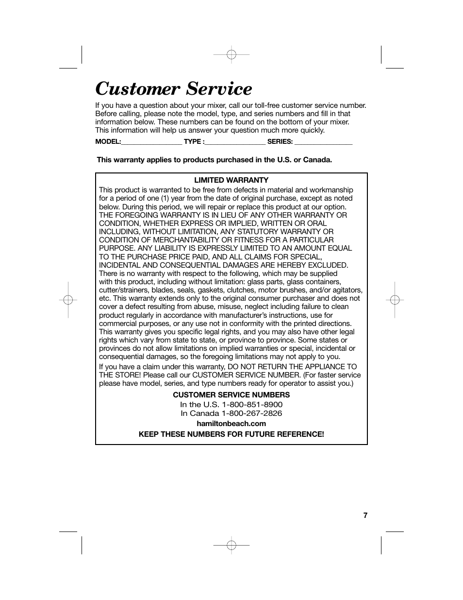 Customer service | Hamilton Beach Hand/Stand Mixer User Manual | Page 7 / 20