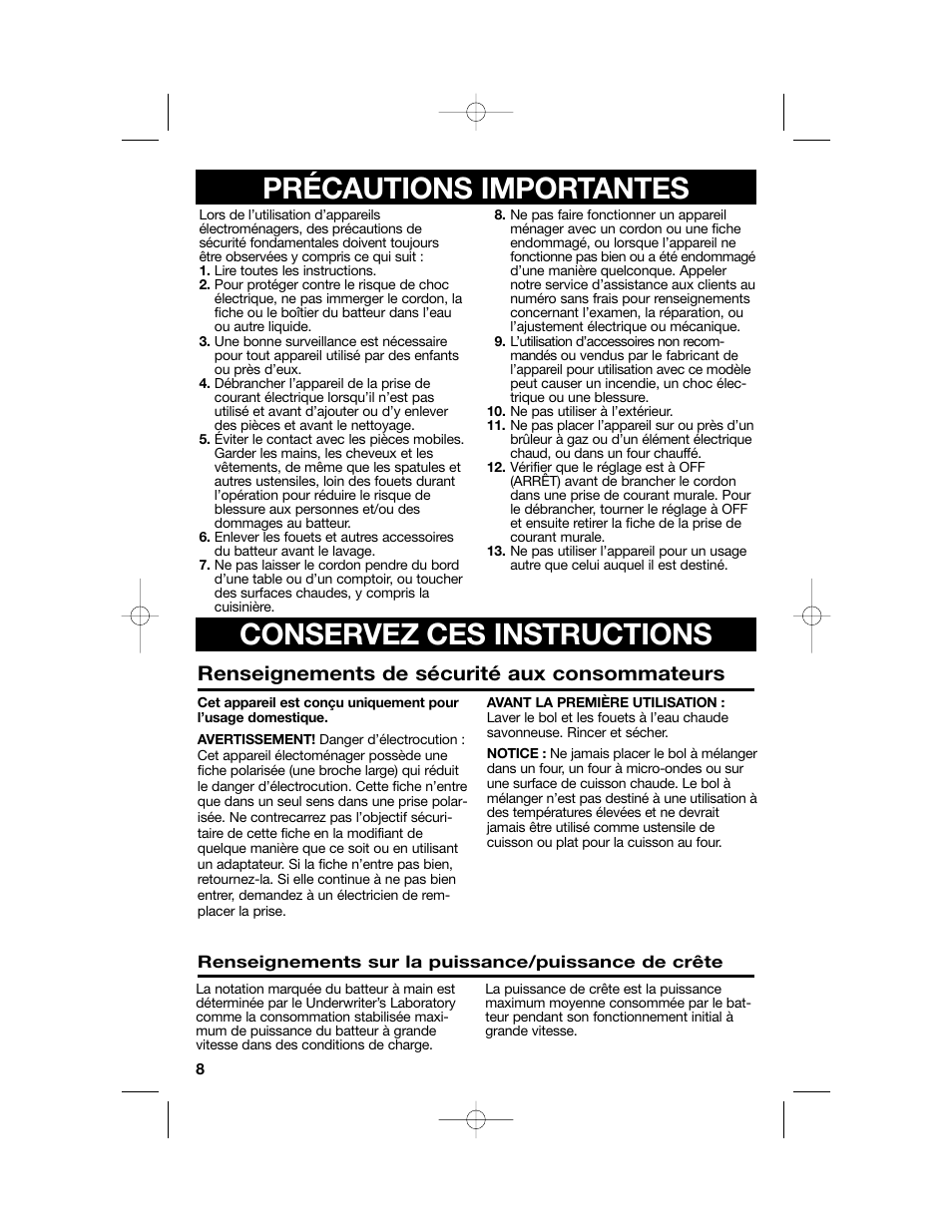 Précautions importantes, Conservez ces instructions, Renseignements de sécurité aux consommateurs | Hamilton Beach Hand/Stand Mixer User Manual | Page 8 / 20