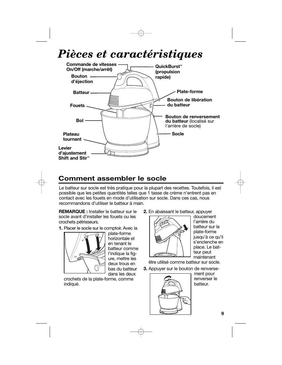 Pièces et caractéristiques, Comment assembler le socle | Hamilton Beach Hand/Stand Mixer User Manual | Page 9 / 20