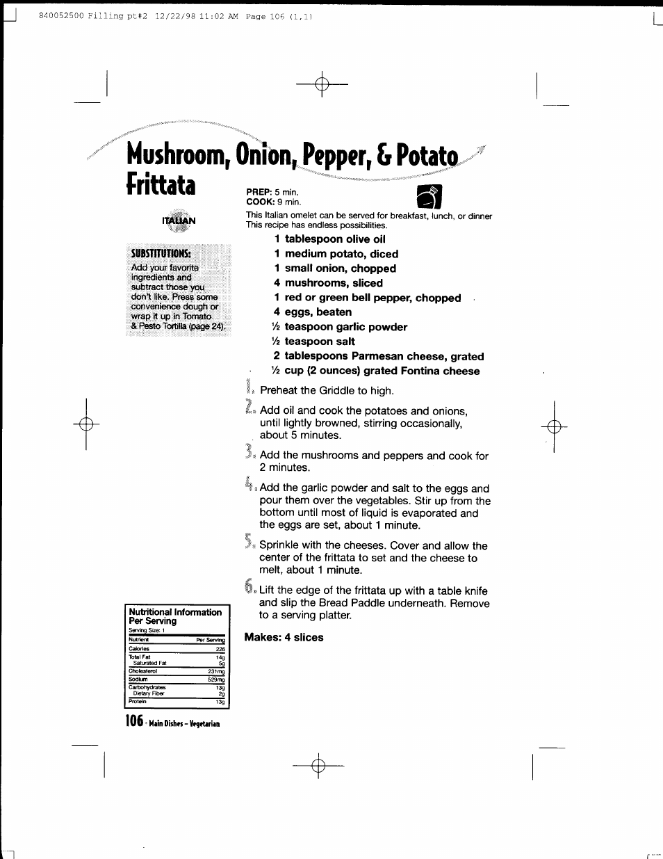 Substitutions, 1 tablespoon olive oil, 1 medium potato, diced | 1 small onion, chopped, 4 mushrooms, sliced, 1 red or green bell pepper, chopped 4 eggs, beaten, Mushroom, onion, & potato frittata | Hamilton Beach MealMaker Express 80200 User Manual | Page 106 / 123