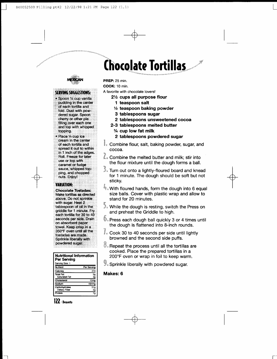 Variation, Chocolate tortillas, 2v2 cups all purpose flour | 1 teaspoon salt, Pap&r | Hamilton Beach MealMaker Express 80200 User Manual | Page 122 / 123