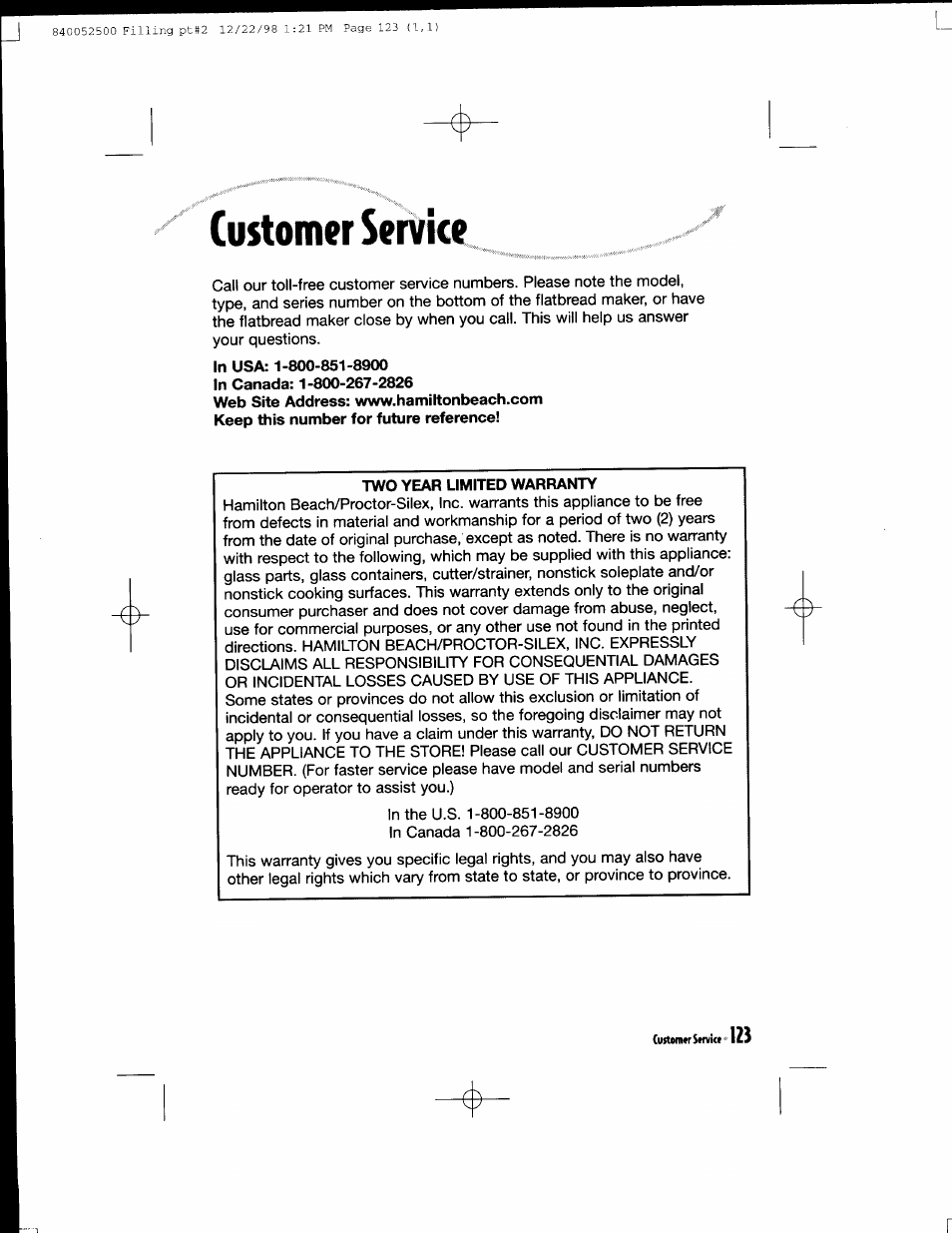 Customer service, In usa: 1-800-851-8900, Two year limited warranty | Hamilton Beach MealMaker Express 80200 User Manual | Page 123 / 123