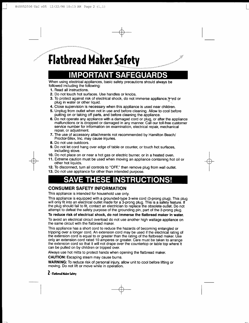 Important safeguards, Save these instructions | Hamilton Beach MealMaker Express 80200 User Manual | Page 2 / 123