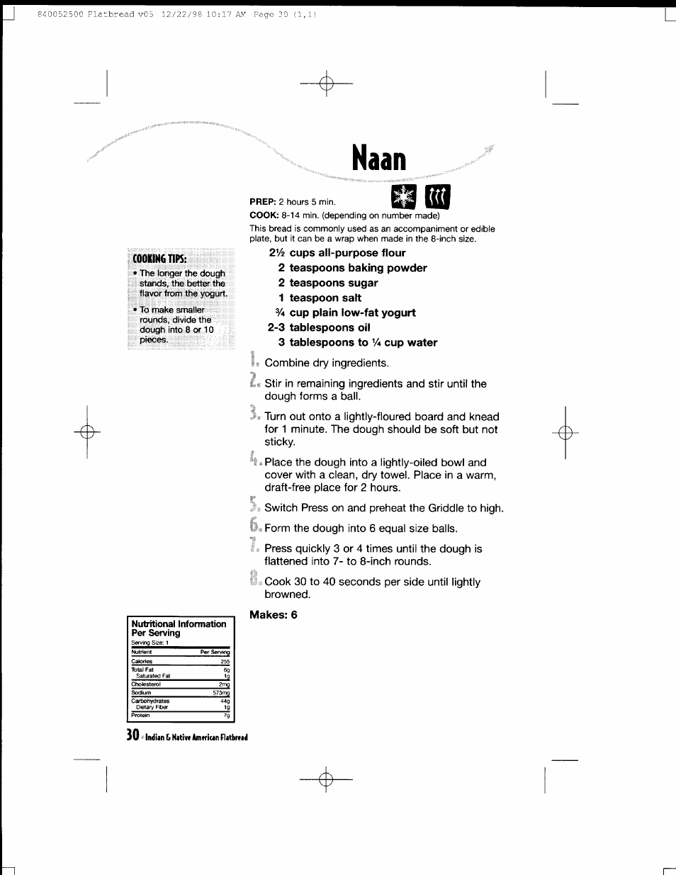 Naan, 2 teaspoons sugar 1 teaspoon salt, 3 tablespoons to v4 cup water | Makes: 6 | Hamilton Beach MealMaker Express 80200 User Manual | Page 30 / 123
