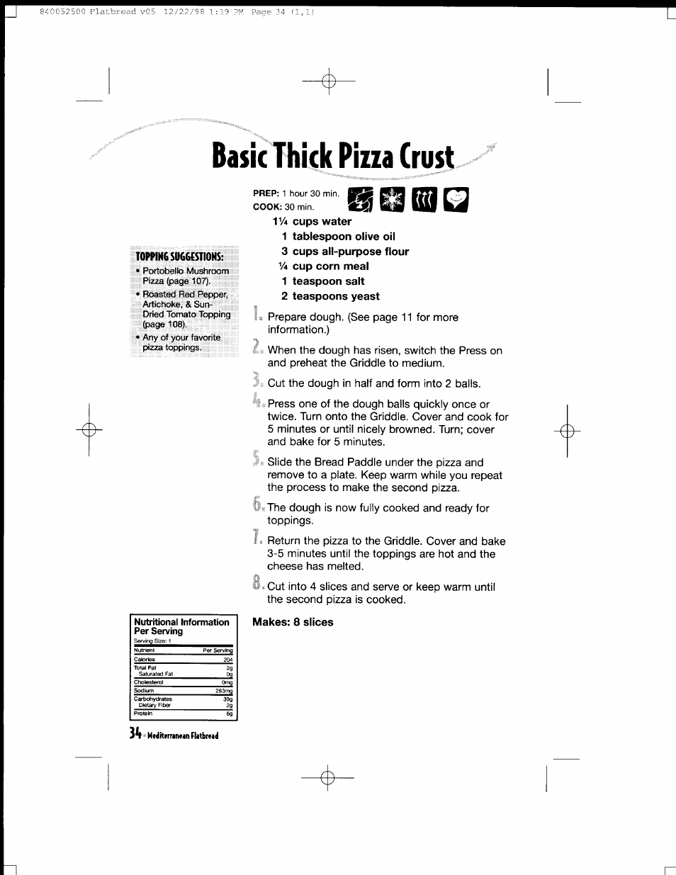 Bask t^ick pizza crust, 1 teaspoon salt, 2 teaspoons yeast | Basic thick pizza crust, Mjsi | Hamilton Beach MealMaker Express 80200 User Manual | Page 34 / 123