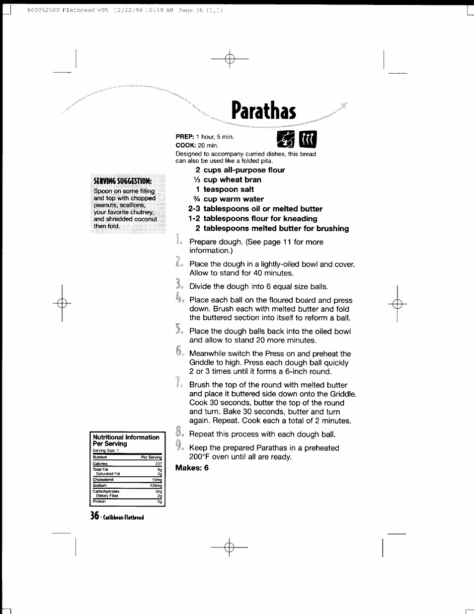 Parathas, 2 cups all-purpose flour vs cup wheat bran, 1 teaspoon salt | 2 tablespoons melted butter for brushing, Mjsi, Aribbfan flatbrtad | Hamilton Beach MealMaker Express 80200 User Manual | Page 36 / 123