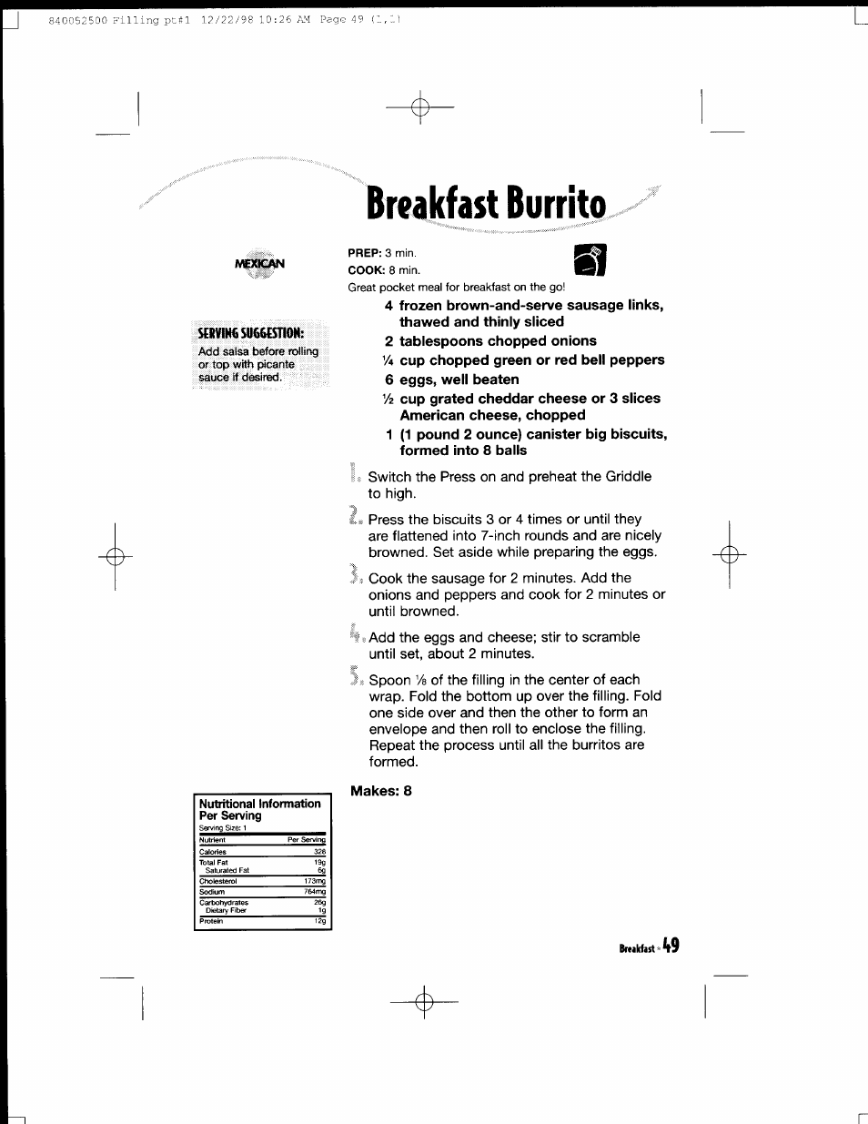 Breakfast burrito, Makes: 8, Breakfast borrito | Hamilton Beach MealMaker Express 80200 User Manual | Page 49 / 123