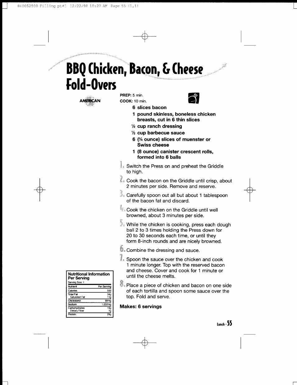 Bbq chicken, bacori & cheese fold-overs, 6 slices bacon, Lunch | Hamilton Beach MealMaker Express 80200 User Manual | Page 55 / 123
