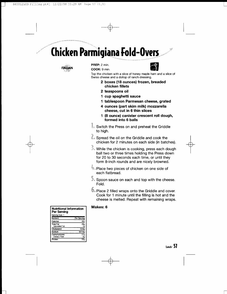 Chicken parmigiana fold-overi, Makes: 6, Lunch | Hamilton Beach MealMaker Express 80200 User Manual | Page 57 / 123