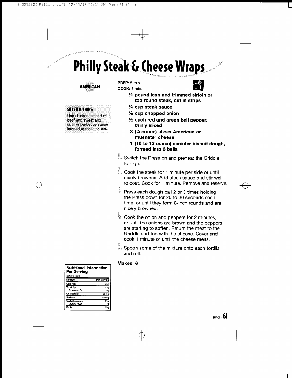 Muenster cheese, Formed into 6 balls, Makes: 6 | Lunch | Hamilton Beach MealMaker Express 80200 User Manual | Page 61 / 123