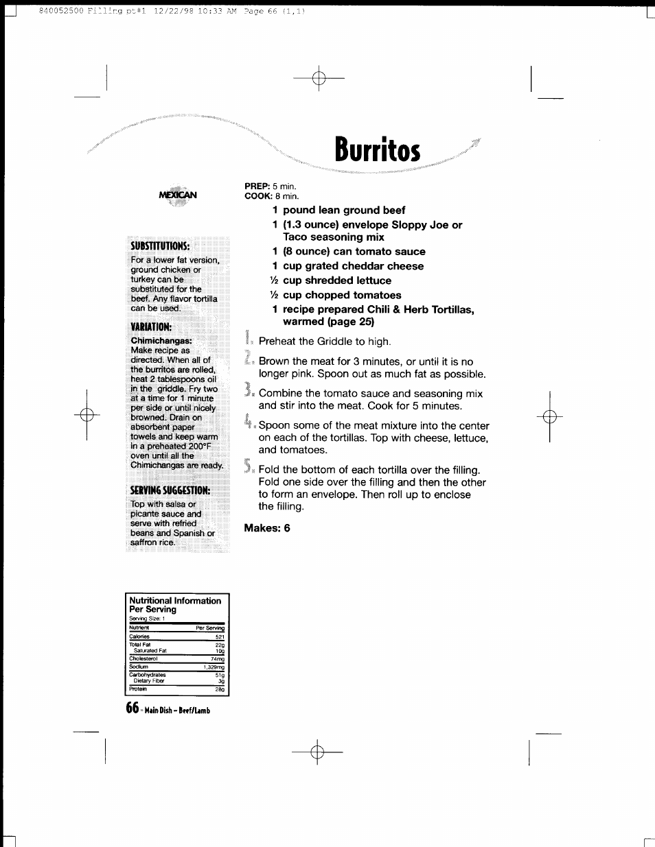 Burritos, Makes: 6, Hain dish-bnf/umb | Hamilton Beach MealMaker Express 80200 User Manual | Page 66 / 123
