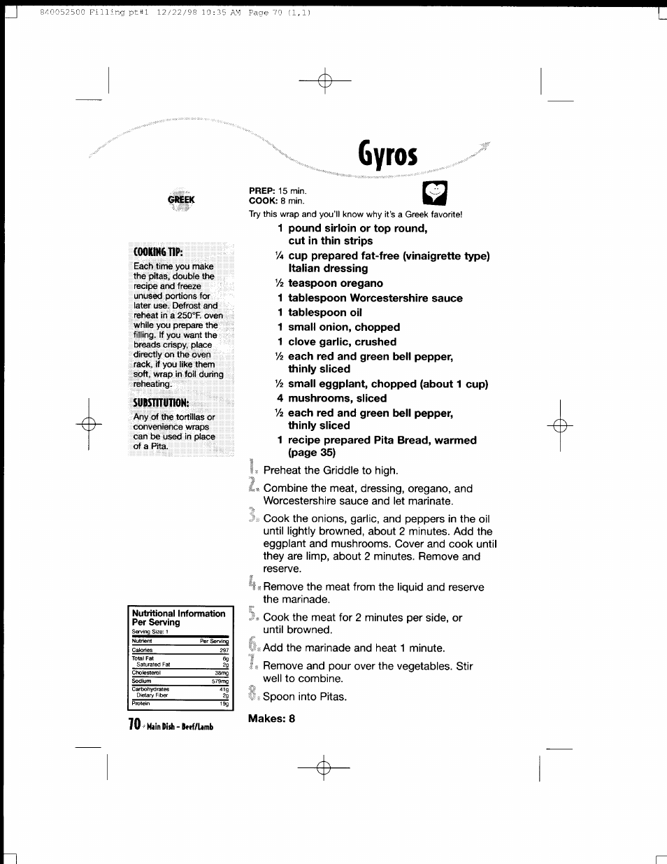 Gyros, 1 pound sirloin or top round, cut in thin strips | Hamilton Beach MealMaker Express 80200 User Manual | Page 70 / 123